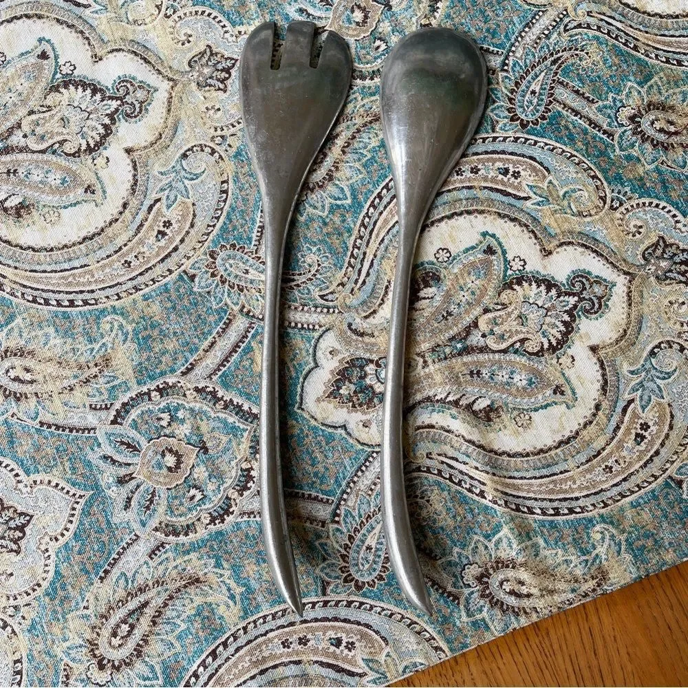 Vintage metal salad serving set, pewter or aluminum mid century